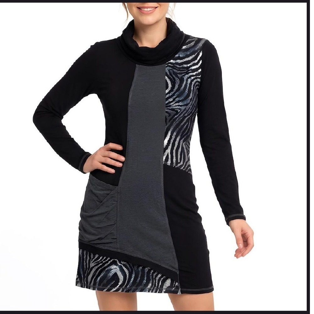 Joseph Ribkoff Art to Wear Lagenlook Tunic Dress Zebra Print Cowl Neck Canada 12